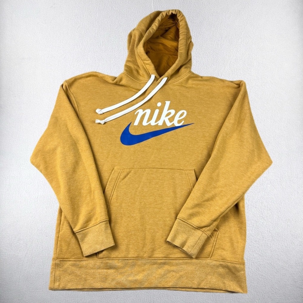 Nike Hoodie Mens Large Gold Blue Swoosh Graphic Pullover Sweatshirt
